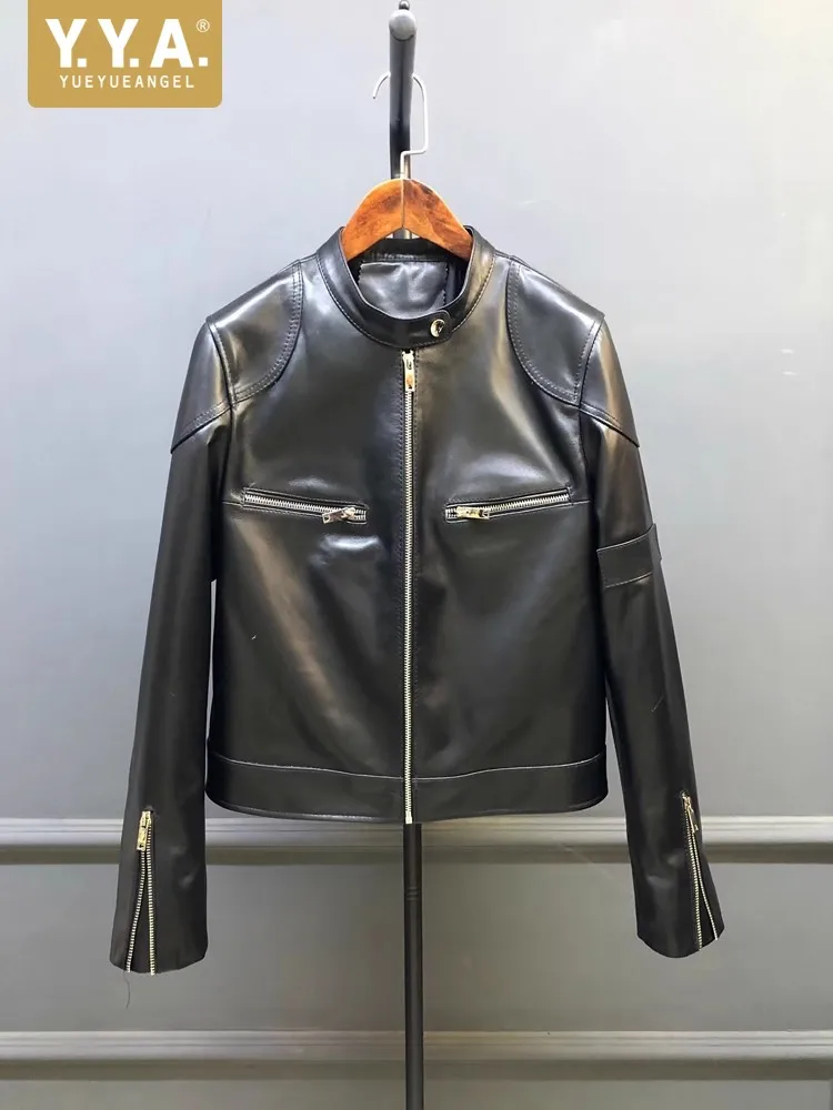 Schicke klassische Damen-Jacke aus echtem Leder, Frühling und Herbst, Stehkragen, schmale Passform, kurze Jacken, Oberbekleidung, echte Schaffellmäntel