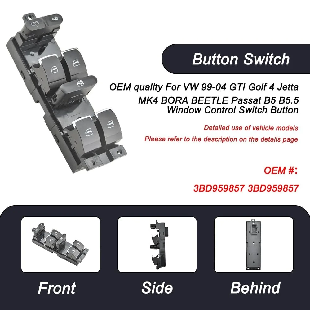 

3BD959857 Switch Button Window Control Compatible with V-W 99-04 Jetta MK4 Bora GTI Golf 4 Beetle Passat B5 B5.5 3BD 959 857