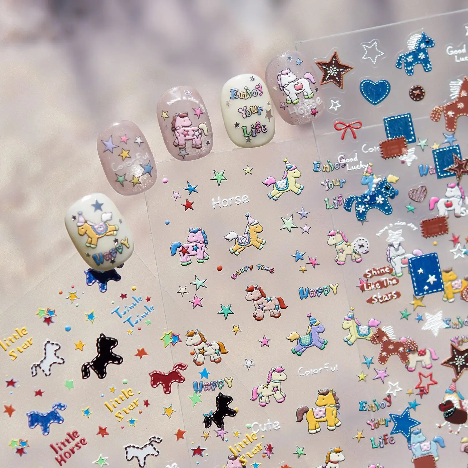 Retro Denim Pony Horse Patchwork Pentagram Button Love Heart Star Bowknot Graffiti Adhesive Nail Tips Art Sticker Manicure Decal