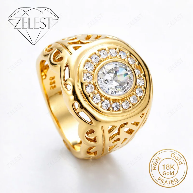 

925 Silver 18K Gold Plated 8# Exquisite Round Zircon Ring Women's Fashion Party Gift Accessories Jewelry
