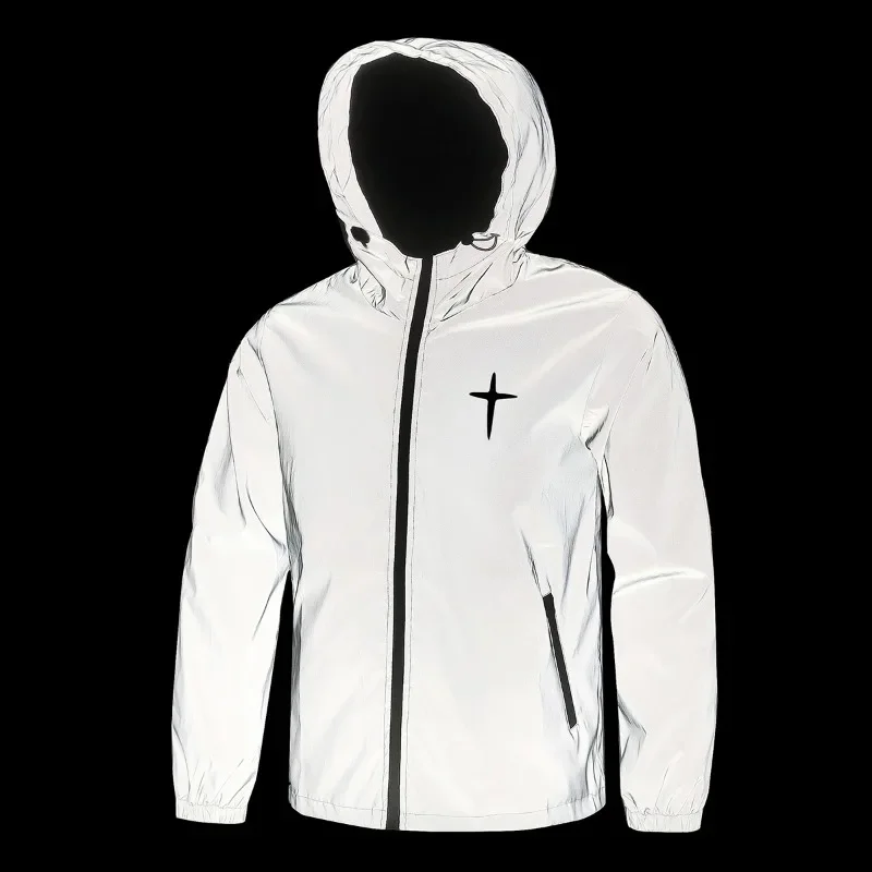 سترات رجالية كاجوال عاكسة للضوء ملابس الشارع الشهير مطبوعة متقاطعة مقاومة للرياح هيب هوب معطف مضيء لسلامة ركوب الدراجات