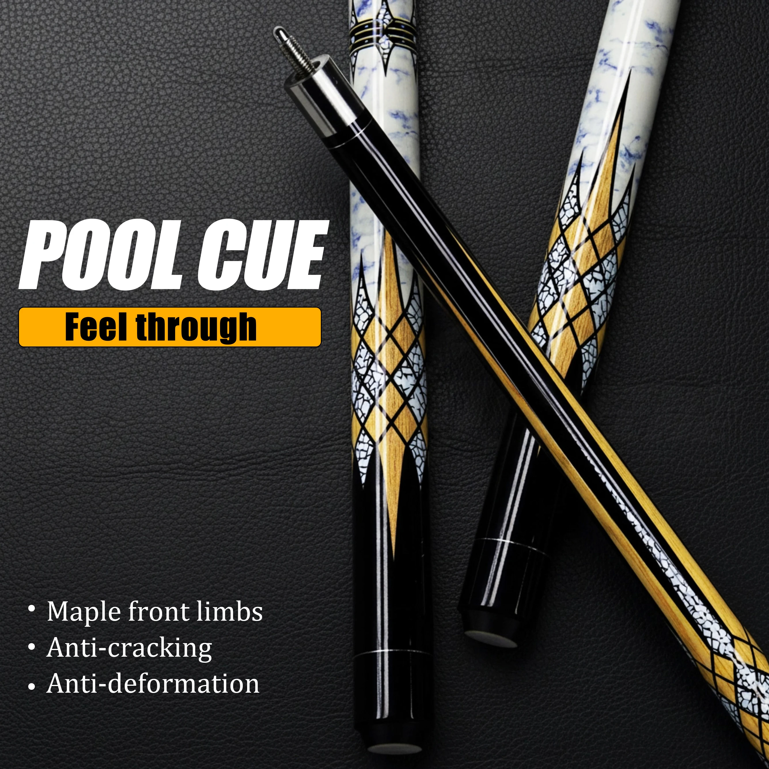 hit productWhite  Pattern   Maple Wood Pool Cue - 13 mm Tip Uni-loc Joint Unique  1/2 Split  High Quality American Billiards Poo