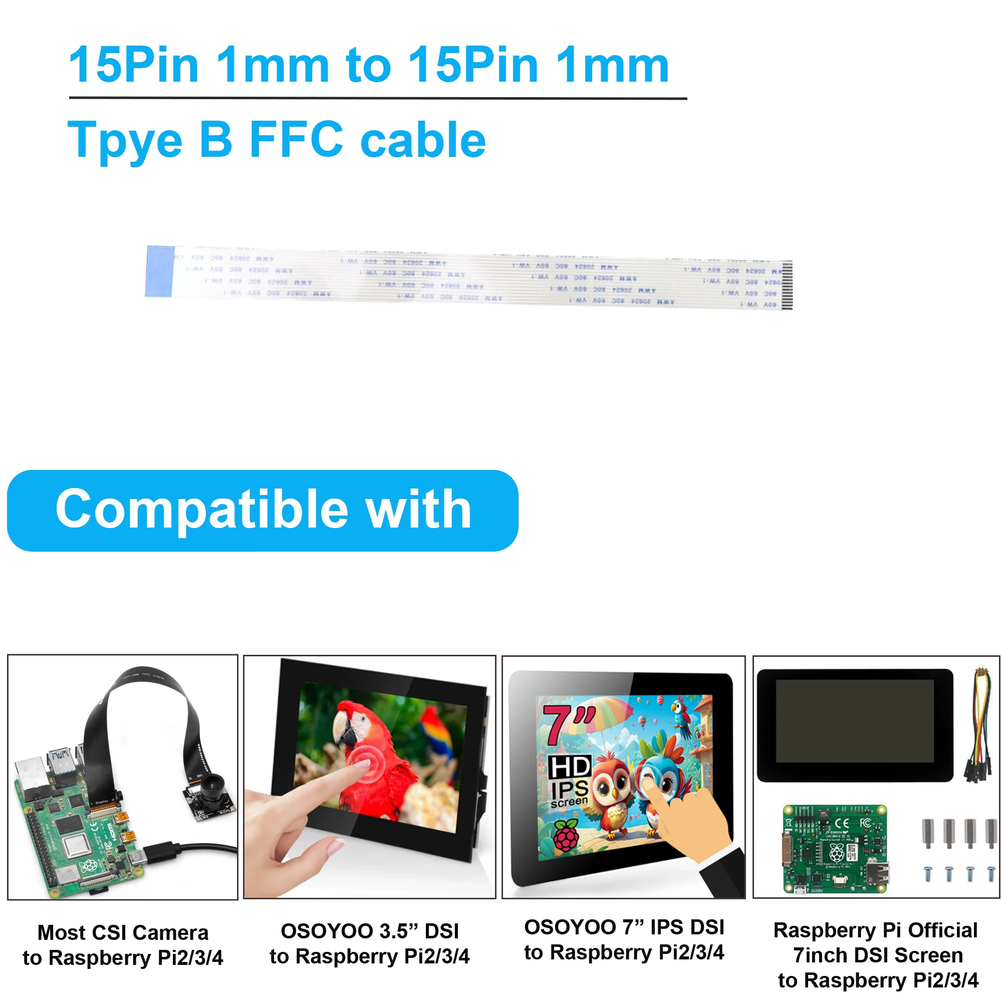 OSOYOO 10pcs Flexible Flat Ribbon Cable 15Pin 1mm Pitch for OSOYOO 3.5in IPS/ 7in IPS/ Raspberry Pi Camera to Raspberry Pi 4/3/2