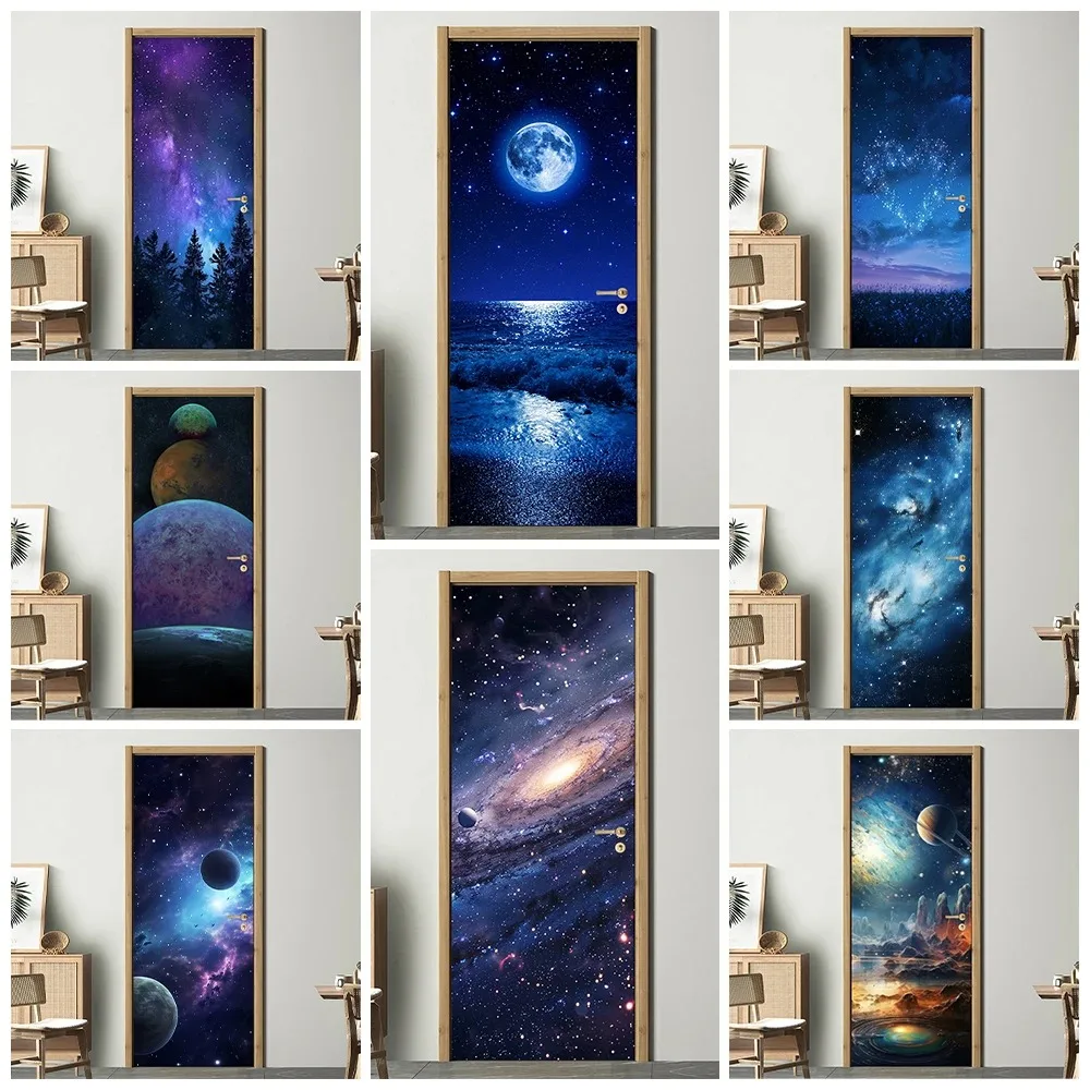 

3D Galaxy Starry Sky Door Sticker Planet Universe Moon Ocean Scenery Removable Self Adhesive Wallpaper Home Decor