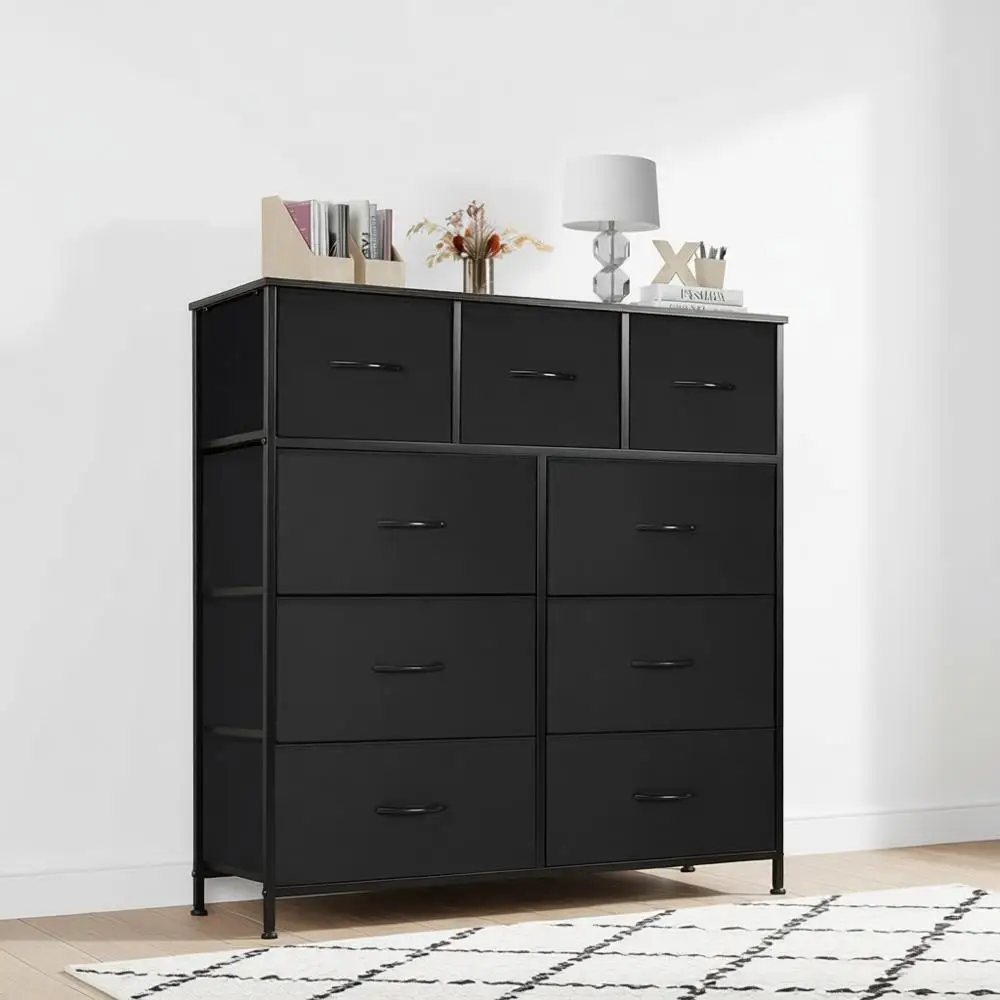 

Bedroom with 9 Drawers Tall Fabric Chest Storage Organizer Furniture with Wooden Top Metal for Clothes, Closet, Living Room, Hal