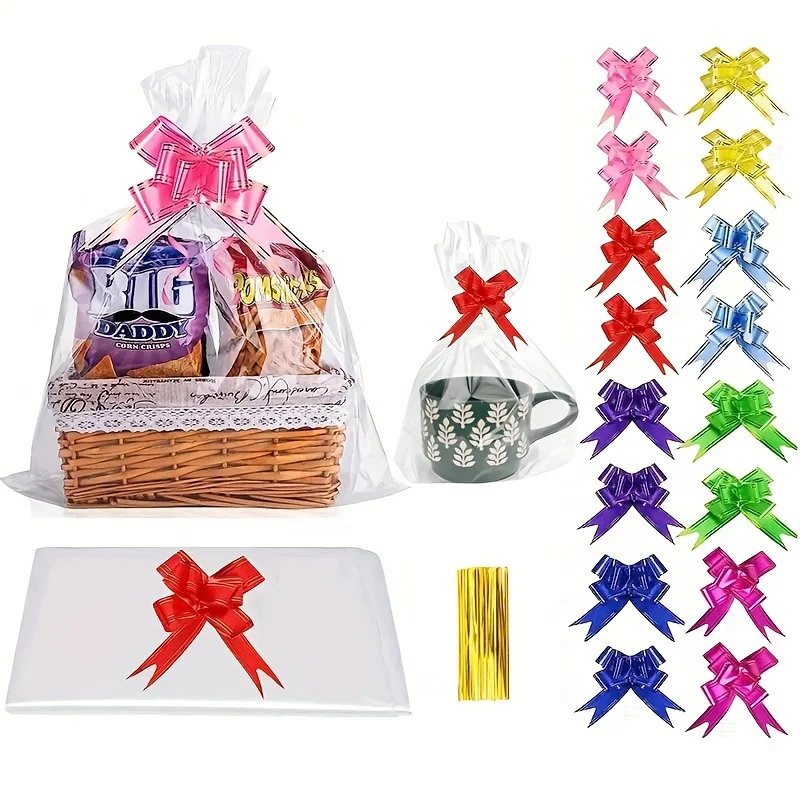 10/20/30pcs Large Cellophane Gift Bag with Colorful Bow and Kink for Fruit Basket Packing, Outdoor Picnic, Birthday Party Gift B