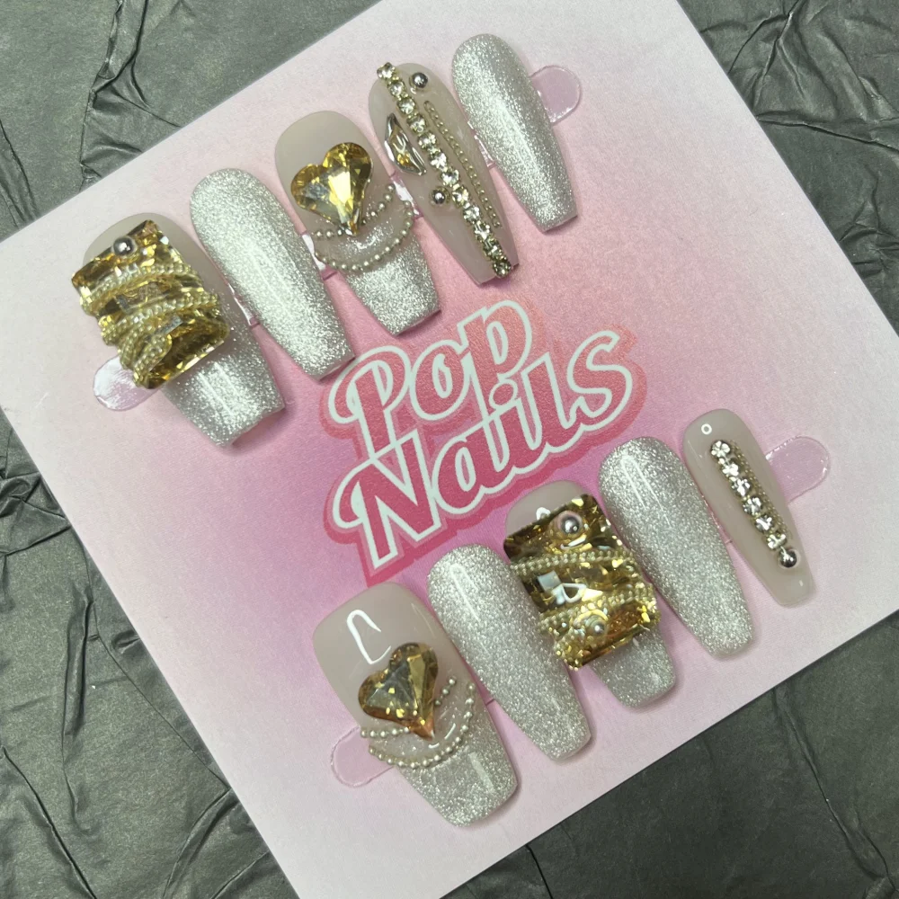 

10pcs Handmade Press On Nails Champagne 3D Glitter Designs Fake Nails Gradient Long Medium Coffin Manciure Fake Nail False Nail