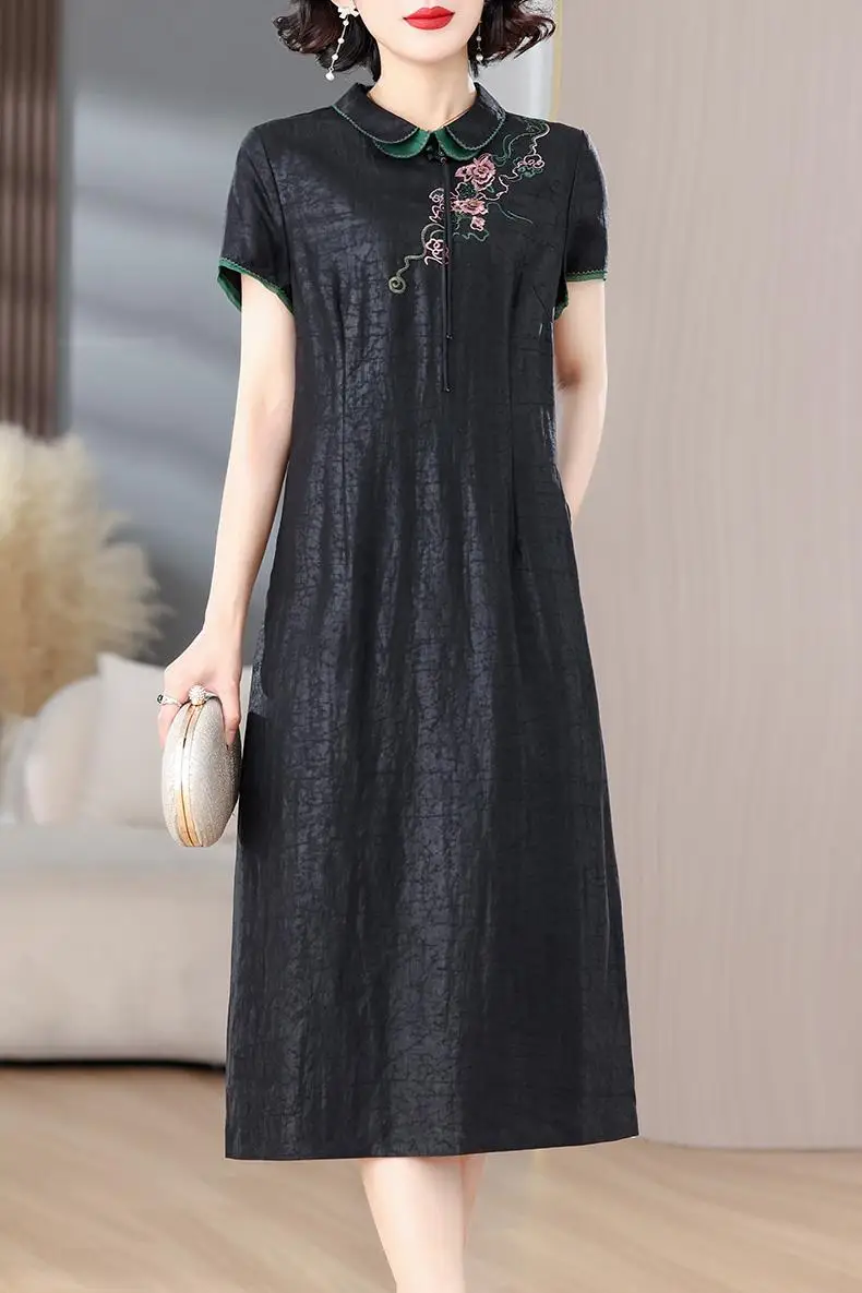Women New Floral Natural Silk Midi Dress Summer Short Sleeve Light Elegant Dress 2024 Korean Vintage Casual Office Lady Dresses