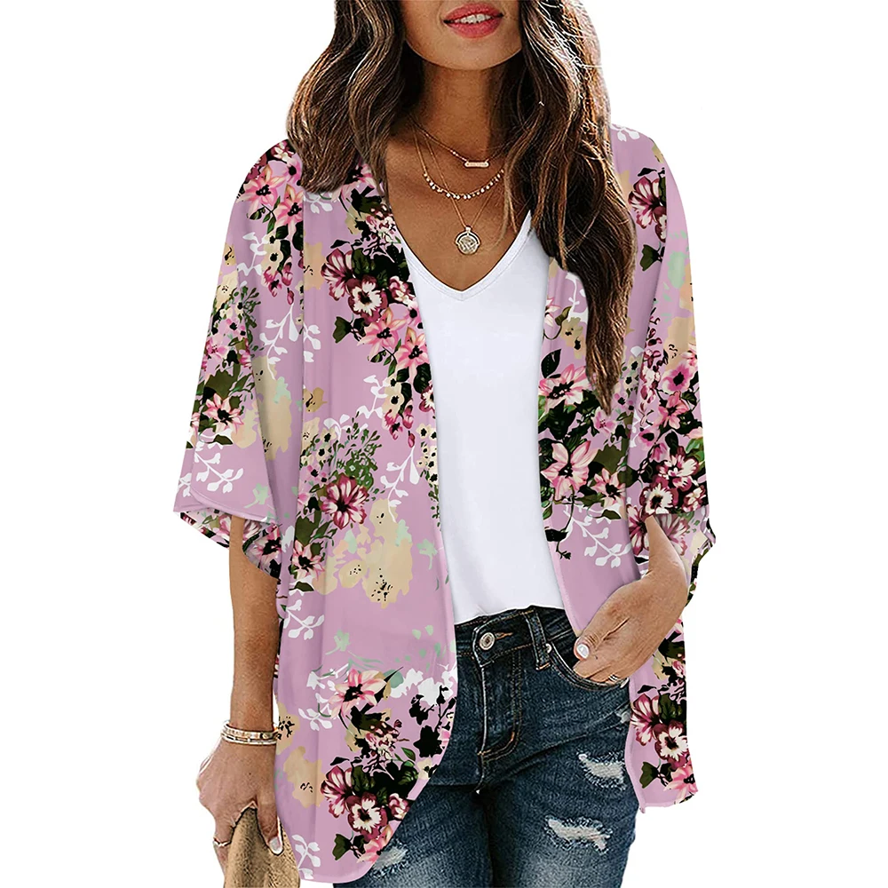 Women Summer Long Flowy Kimono Cardigans Boho Chiffon Floral Beach Cover Micro Bikinis Female Bathing Suit Top Short Sleeve