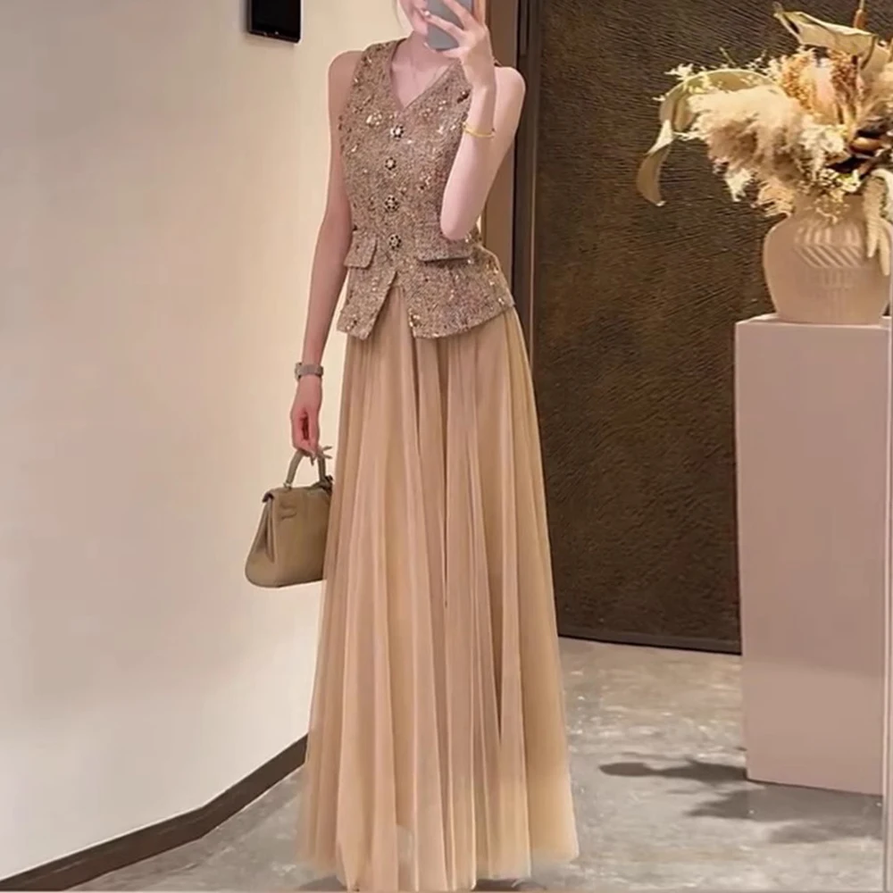 TWOTWINSTYLE ソリッドツーピースセット女性のための V ネックノースリーブスプライシングシングルブレストベストハイウエストパッチワークメッシュスカート女性