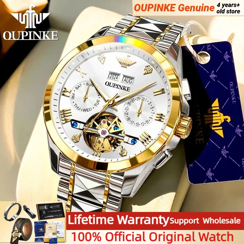 

OUPINKE 3186 Luxury Brand Mens Watch Date Automatic Mechanical Skeleton Flywheel Wristwatch