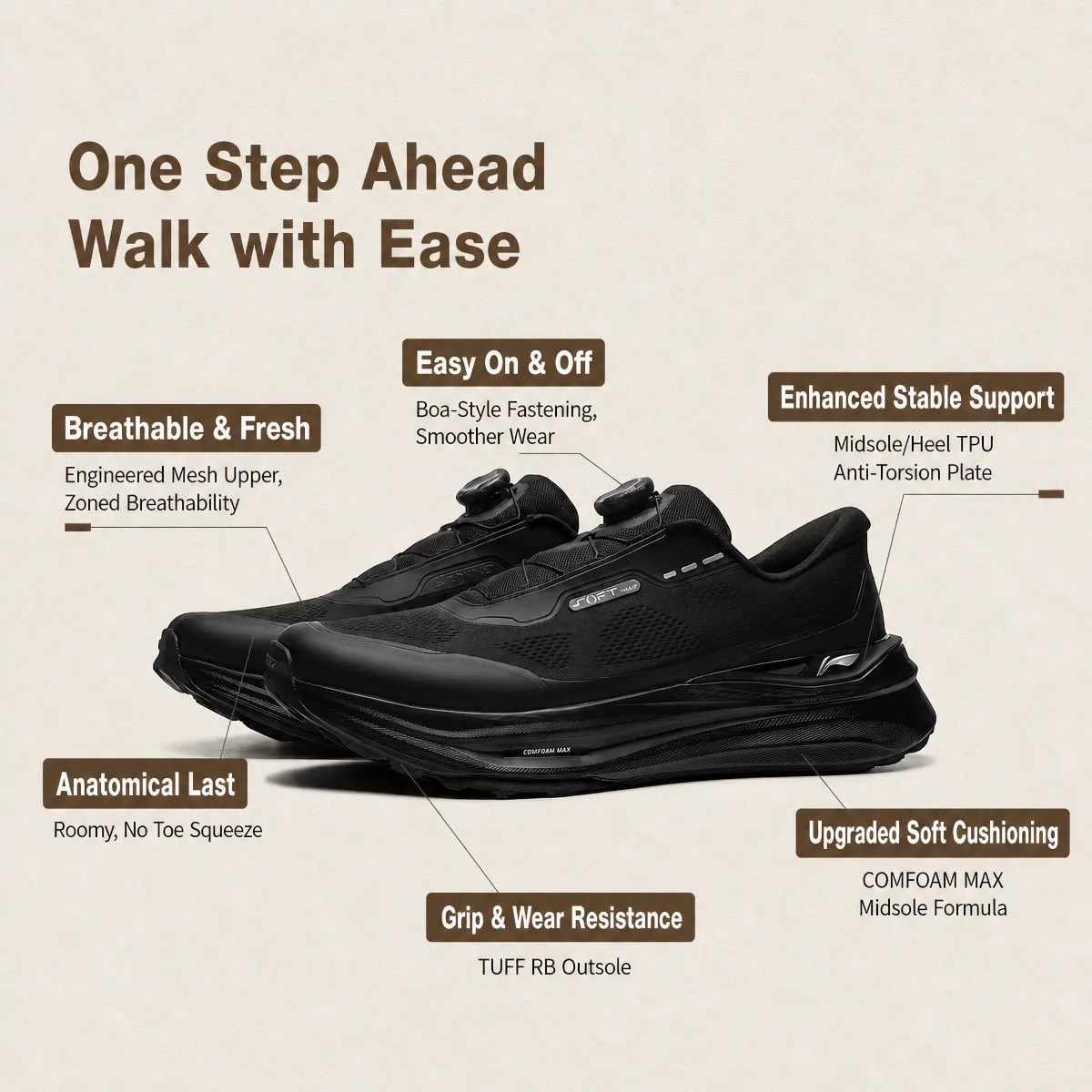 Li-Ning Unisex SOFT GO MAX 3 Lifestyle Shoes COMFOAM MAX Breathable Stable Support LiNing Casual Walking Shoes AGLW023