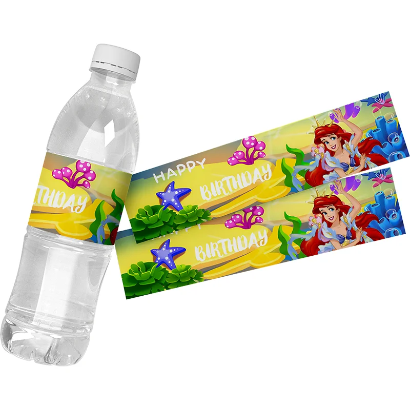 The Little Mermaid Mineral Water Bottle Custom Label Sticker Happy Birthday Water Bottle Wrappers Kid Birthday Party Decor 24Pcs