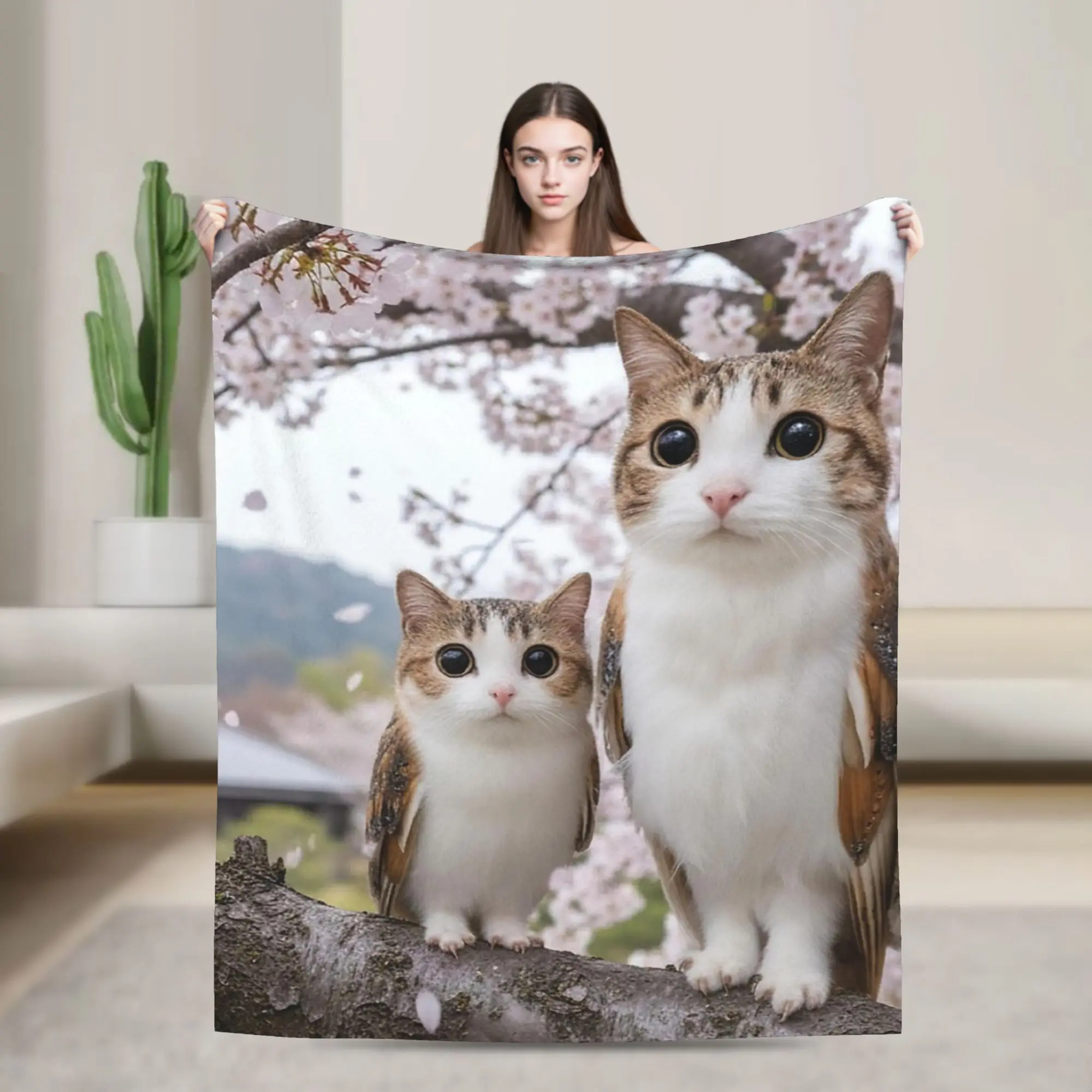 Two Meowls on Cherry Blossom Branch Throw Blanket Soft Comfy Novelty Blankets  For Home Decor Plane Flannel Bedspread Bed Cover