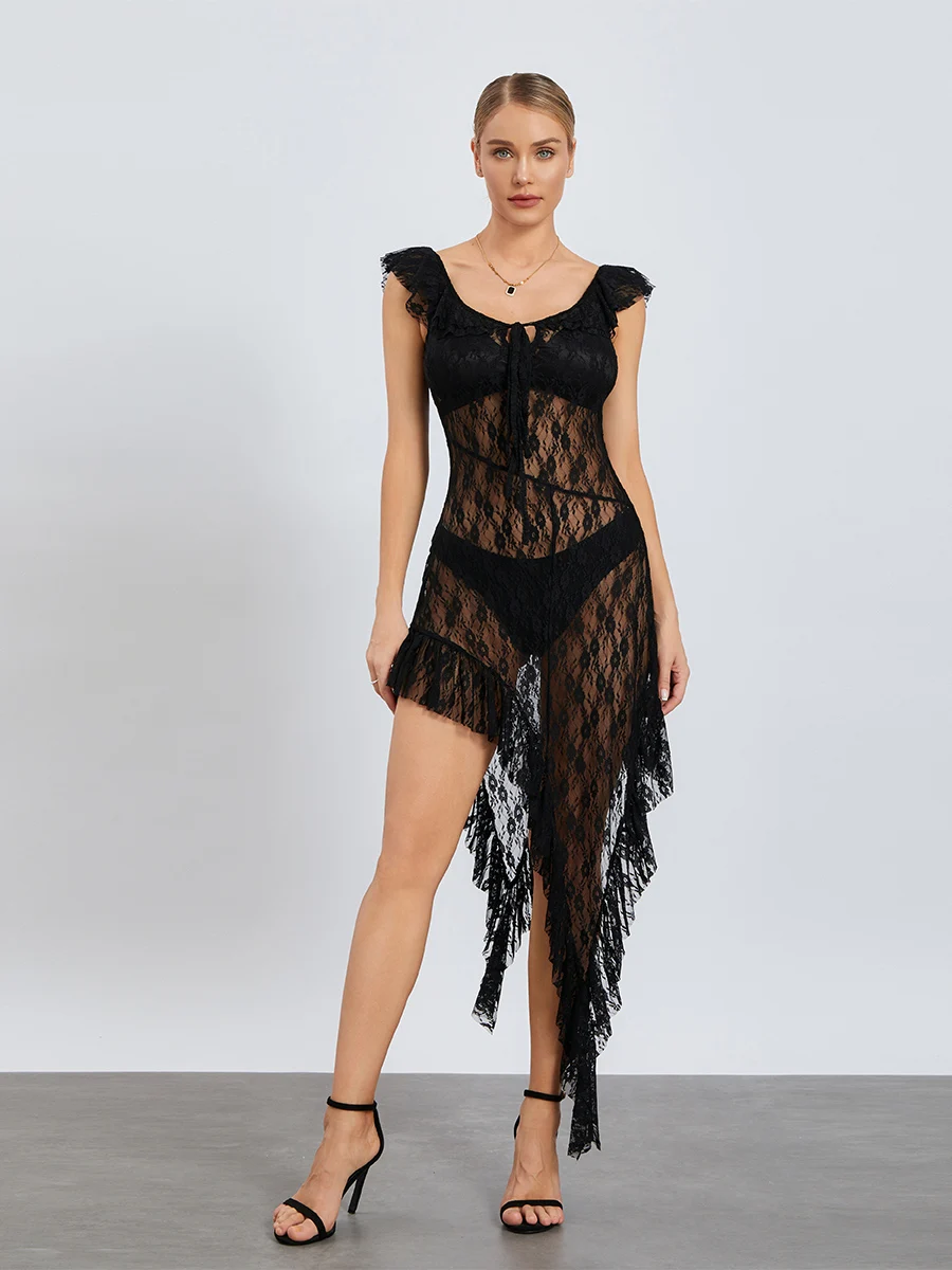 فستان دانتيل أنيق مزين بالزهور مع تفاصيل مقطوعة وحاشية مكشكشة مثالي لحفلات الصيف ومناسبات الشاطئ والخارج الليلي