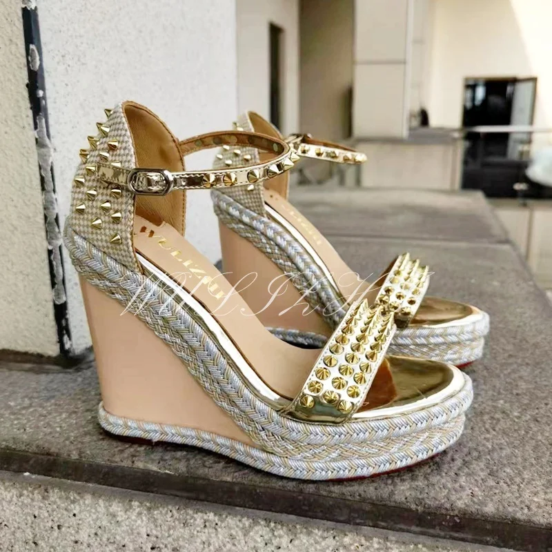 Women Bling Gold Stud Wedge Sandals Espadarille Metallic Hollow Buckle Design Shoes Open Office Bordered Luxury Gladiator Summer