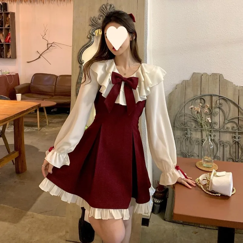2025年新作 韓国風 可愛い キュートなワンピース ツーピースセット ストリート系 レディース カワイイ フリル付き リボン付き 長袖シャツ スリップ プレッピー プリーツワンピース