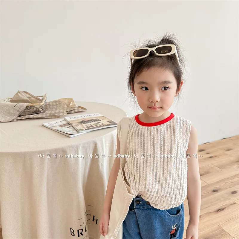 

Thin Vest Cute Solid Color Simple Summer Korean 2025 New Casual Plaid Sleeveless Shirt Kids Clothes Girls