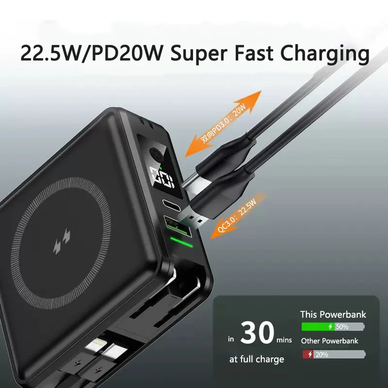 10000mAh Magnetic Wireless Power Bank with Wall Plug 22.5W Fast Charging Portable Charger for iPhone 17 16 Xiaomi Samsung Huawei
