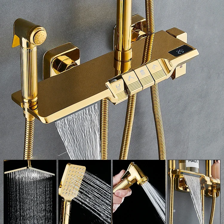 Gold Piano Digital Bathroom Shower Set 12 Inch Rain Shower Head Hot Cold Bathroom Faucet Thermostatic Digital Shower System