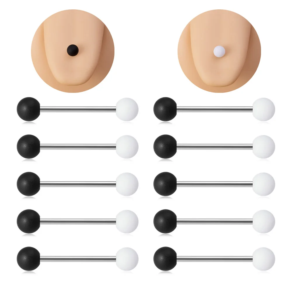 10Pcs 14G Acrylic Surgical Steel Tongue Ring Stud Black White Ball Tongue Pierc Barbell Nipple Rings Sexy Piercings Body Jewelry