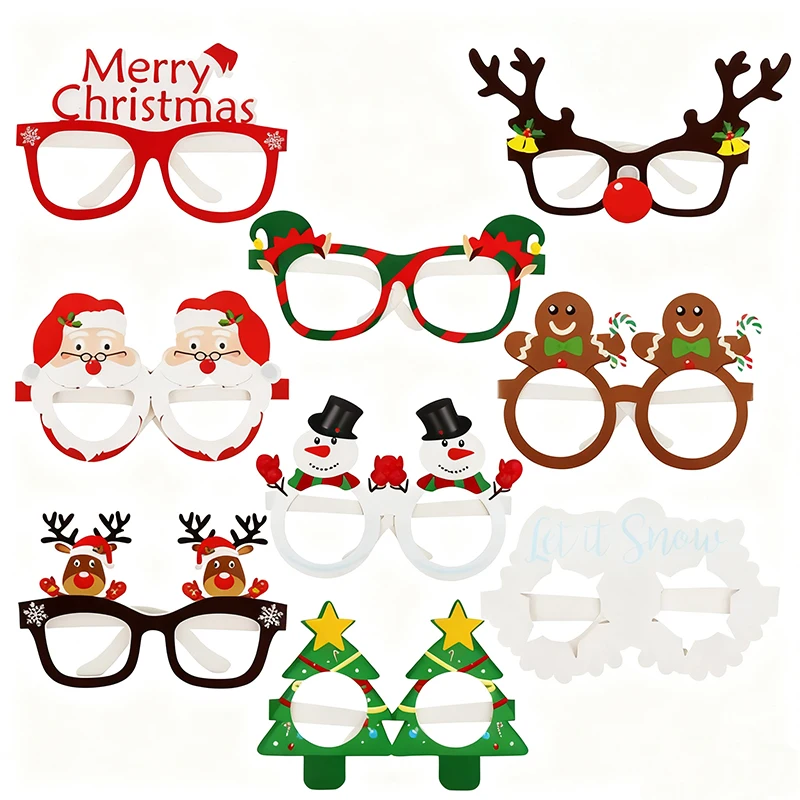 9 Uds. De gafas navideñas de Papá Noel, muñeco de nieve, hombre de jengibre, alce, árbol de Navidad, gafas de papel, accesorios para fotomatón de Feliz Navidad