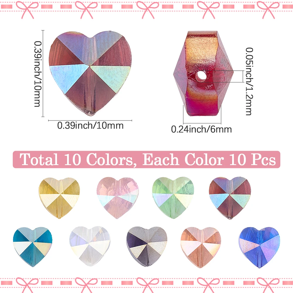 1 Box 100Pcs 10Colors Glass Heart Bead Electroplated Beads Bulk Transparent Faceted Love Hearts Shaped Loose Spacers for Jewelry