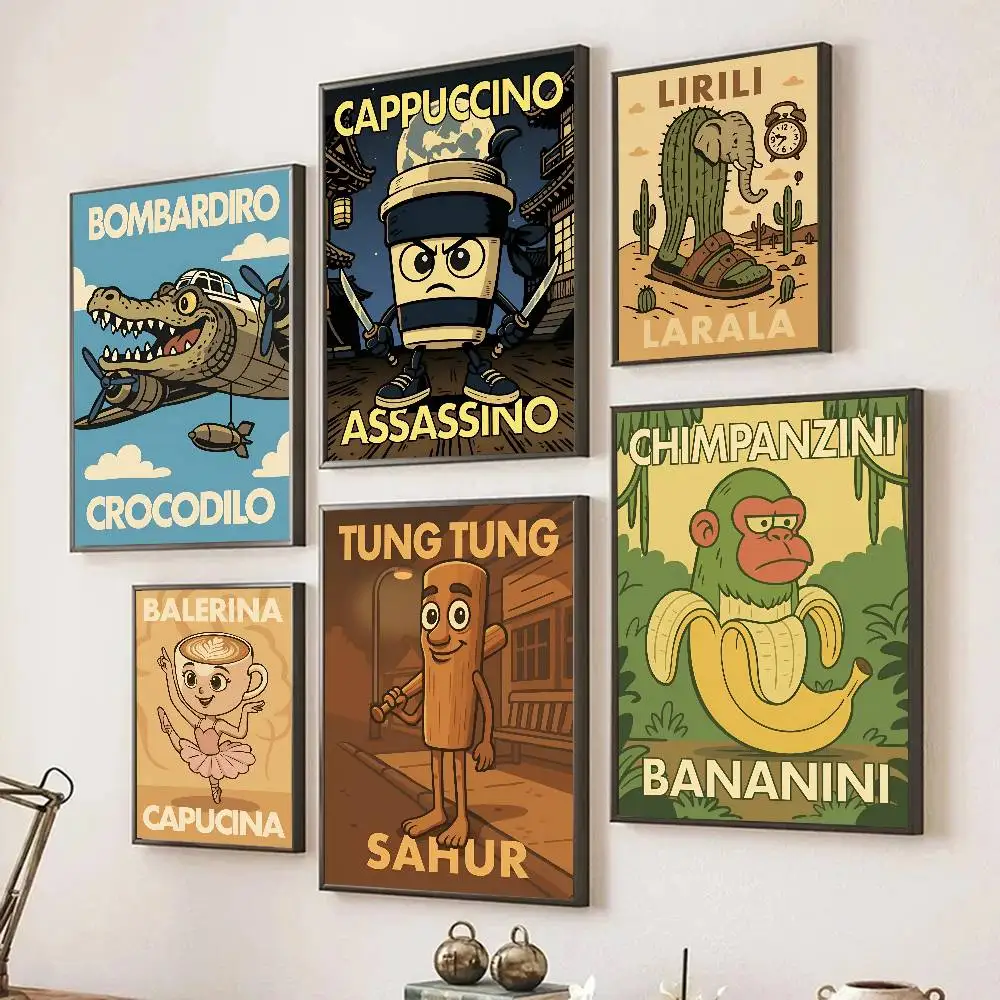 Survival Horror Italian Brainrot Poster Selbstklebende Kunst für Zimmer, Eingang, Restaurant, Wanddekoration, Kunstgemälde
