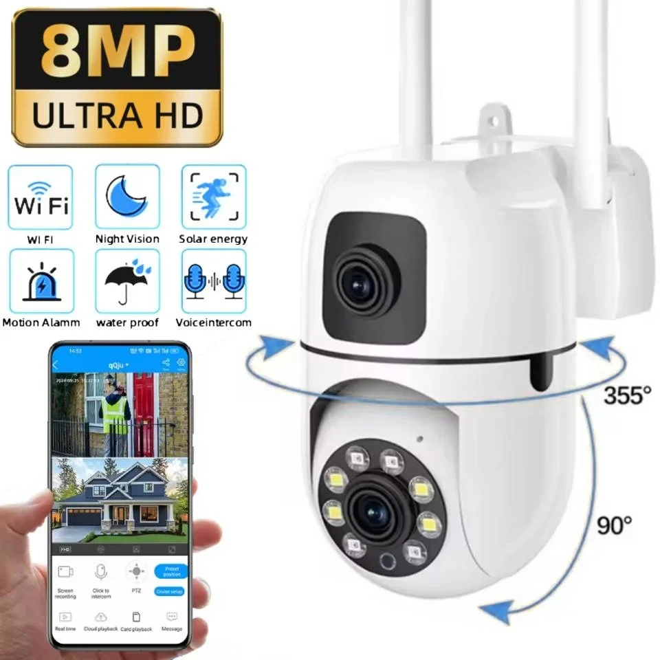 8MP WIFI Surveillance Camera Dual Lens Dual Screen 8X Digital Zoom IP Cameras Wireless Outdoor Auto Tracking Night Vision CCTV