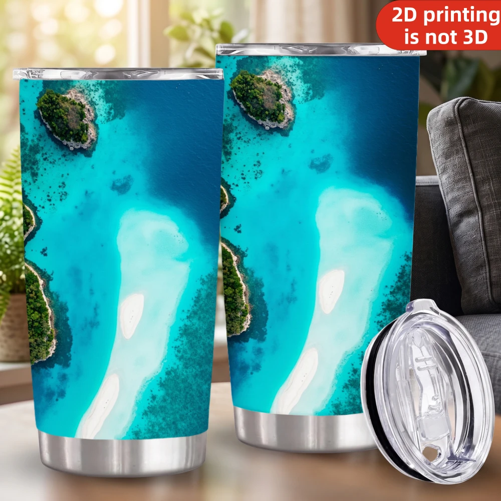 20oz Tropical Island Aerial View Printed Stainless Steel Tumbler with Lid and Straw, Turquoise Lagoon Sandbar Beach Landscape Vacuum Insulated Travel Coffee Mug Gifts for Beach Lovers