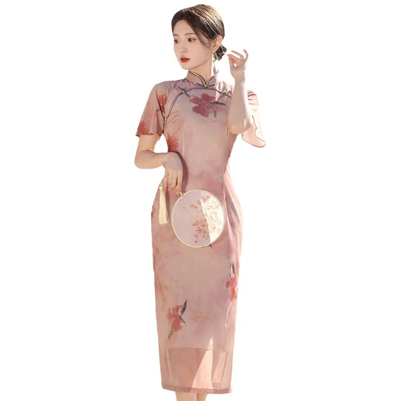 

Summer Cheongsam Qipao Chinese Traditional Dress Retro Improved Cheongsams Loose Short Sleeve Party Floral Dresses for Women