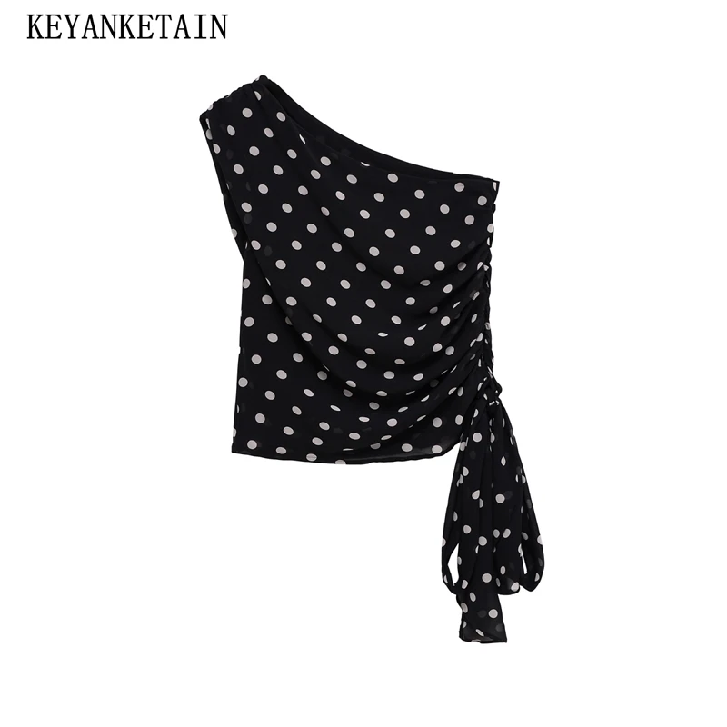 

KEYANKETIAN Summer New Women One Shoulder Asymmetrical Bow Polka Dot Print Sleeveless Shirt 2025 Fashion Chic Slim Pullover Top