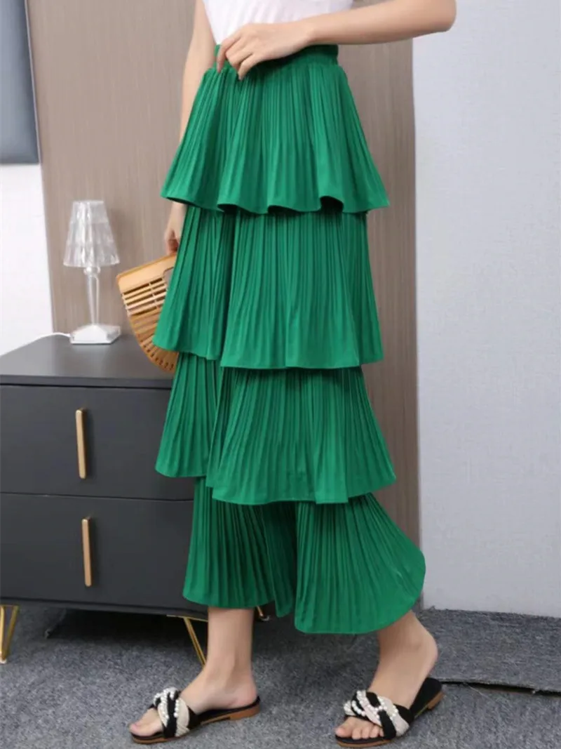 2024 New Spring Summer Women High Waist Slim Long Skirt Korean Sweet Solid Color Multi-layer Pleated Hem Cake Skirt 7 Colors