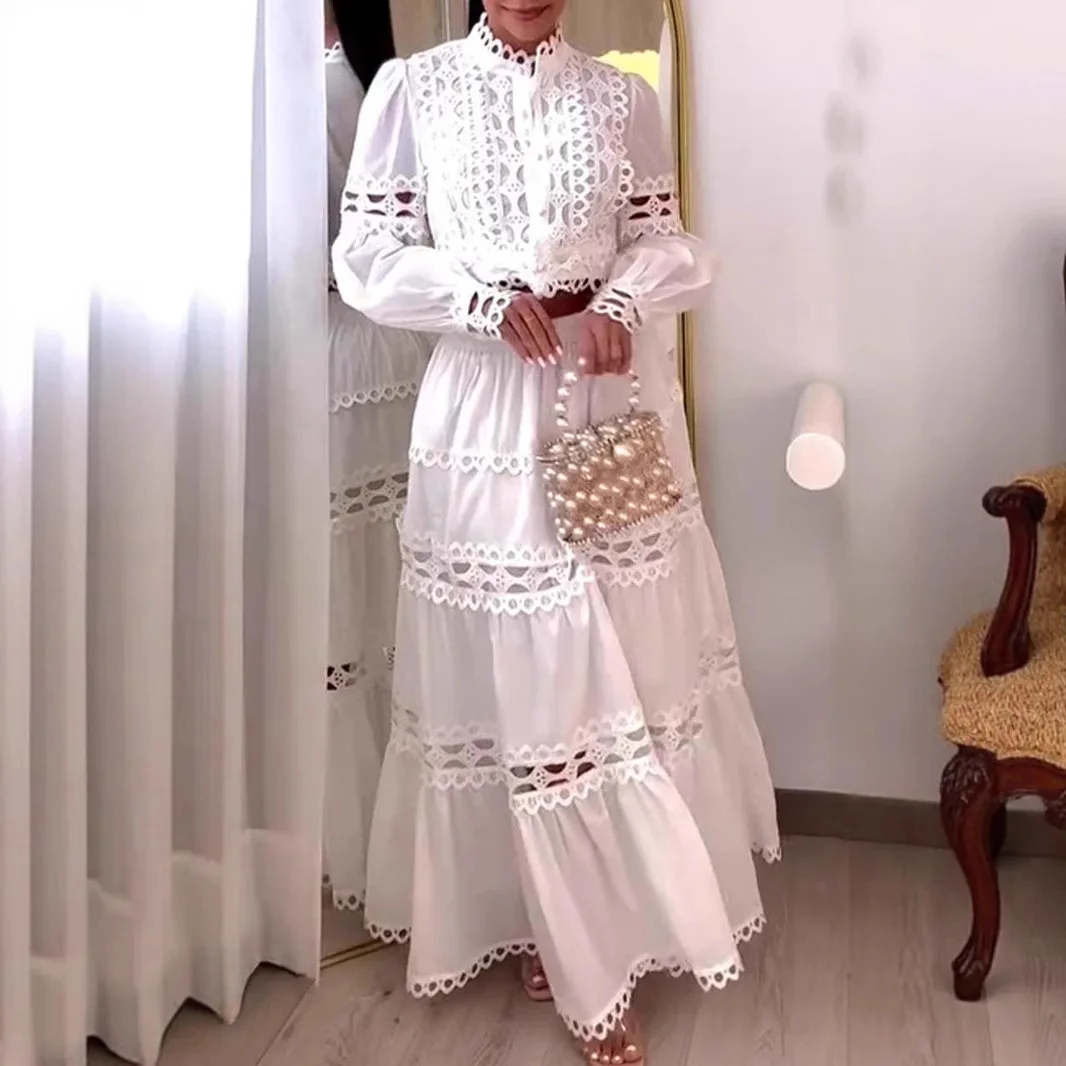 Twee stukken kanten jurken dames gesplitste jurk uitgesneden lantaarnmouwen top enkellange rijk taille rok los casual 2025, lente