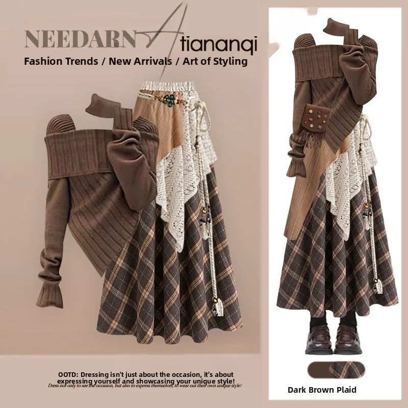 

Slimming Knitted Sweater And High Waist Skirt Set Design Sense Lazy Sle Autumn New Splicing Curtain f Body Skirt Set