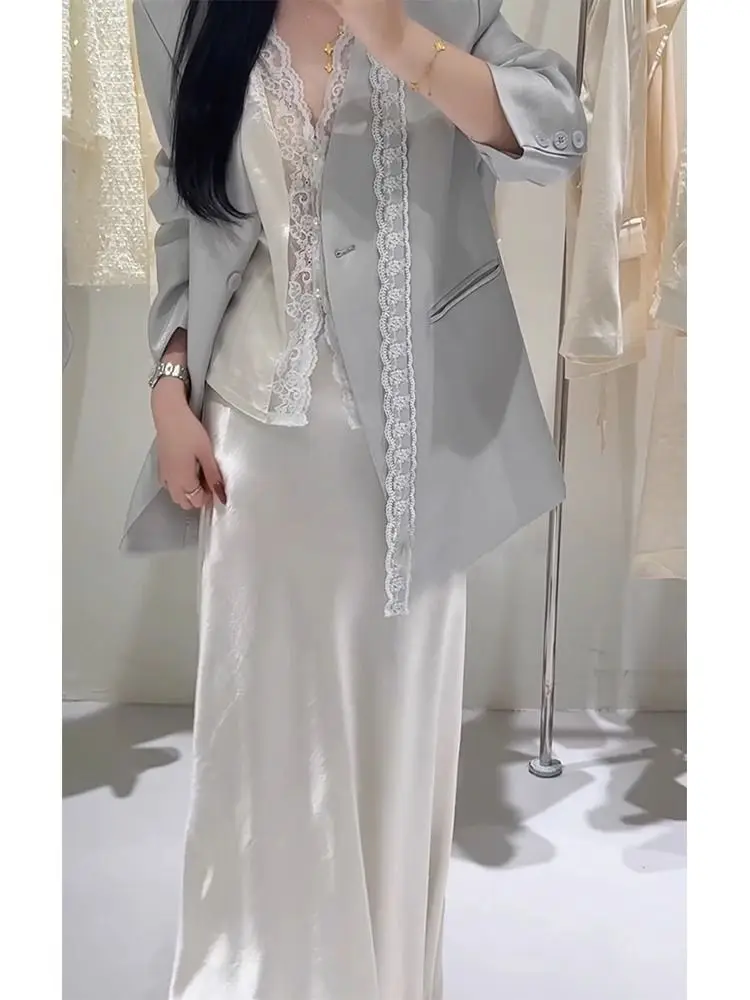 Spring and Autumn Style Professional Light Grey Suit Coat Casual Skirt Elegant Women's Two Piece Set