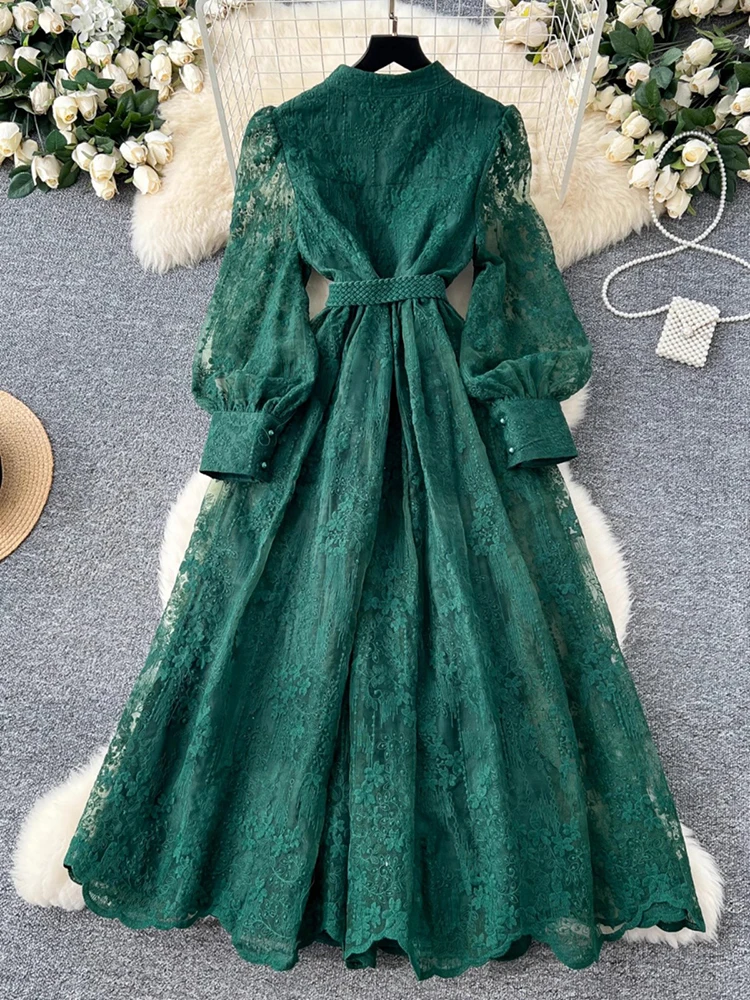 Alta qualidade elegante vestido longo feminino bordado com decote em v vintage uma linha vestidos verdes robe primavera senhora magro vestido de cintura alta