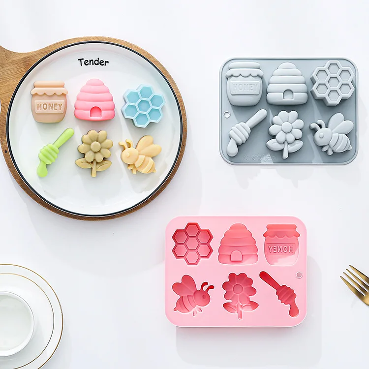 6-hole Bee Theme Silicone Mold 3d Flower Honeycomb Fondant Candy Chocolate Mould Fudge Dessert Soap Resin Mold Cake Decoration