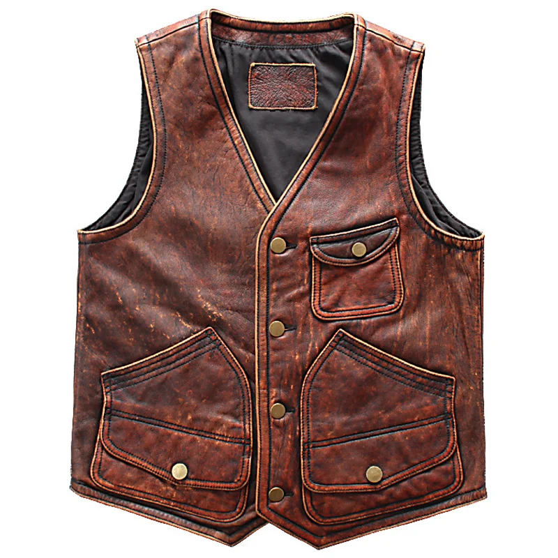 

Waistcoat Genuine Leather Coat Men Oversized Cowhide Mens Weskit Slim Fit Big Tall Man Vest 4XL European and American