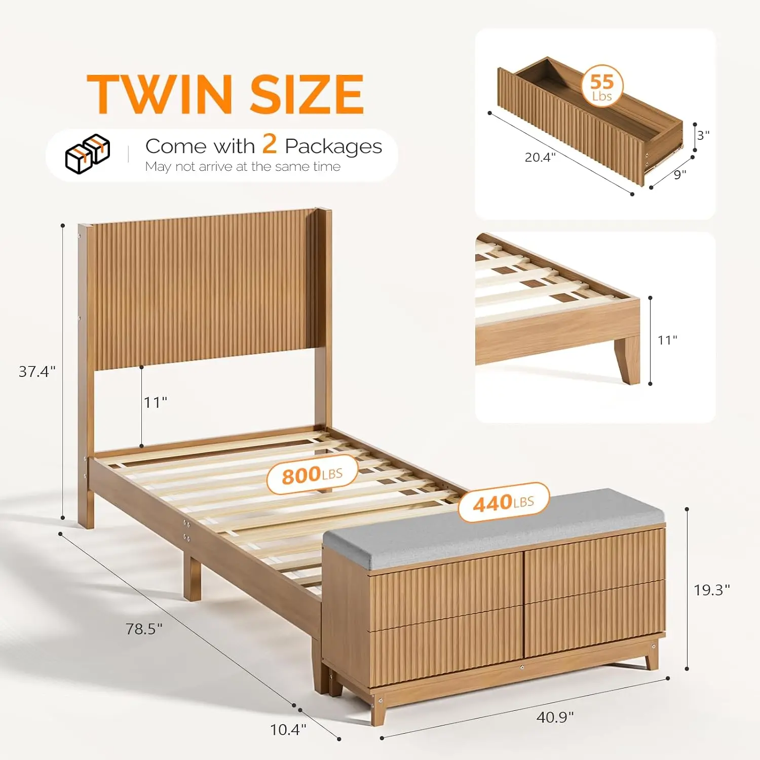Twin Bed Frame With Storage & Wingback Headboard, Wooden Platform Bed With 4 Drawers, Mid-Century Sleigh Bed, Oak, Customized