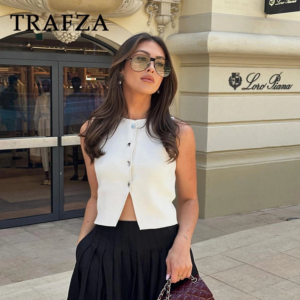 TRAFZA 2024 wiosna lato Casual kobiety moda bluzki z dzianiny Vintage jednokolorowa bez rękawów bez rękawów elegancka damska topy z guzikami