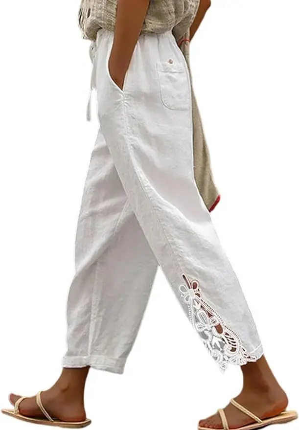 2026 Women's Pants Elastic Waist Solid Color Lace Spliced Drawstring Pocket Simple Fashion Basic Casual 9-point Pants