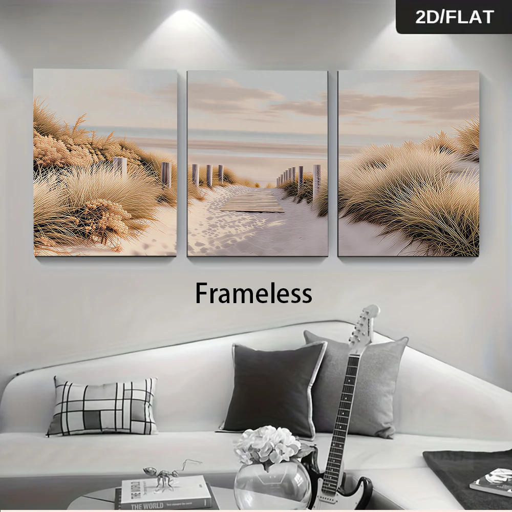 1 set of three frameless decorative paintings, landscape paintings, beach and reeds, warm and inviting 2D decorative paintings.