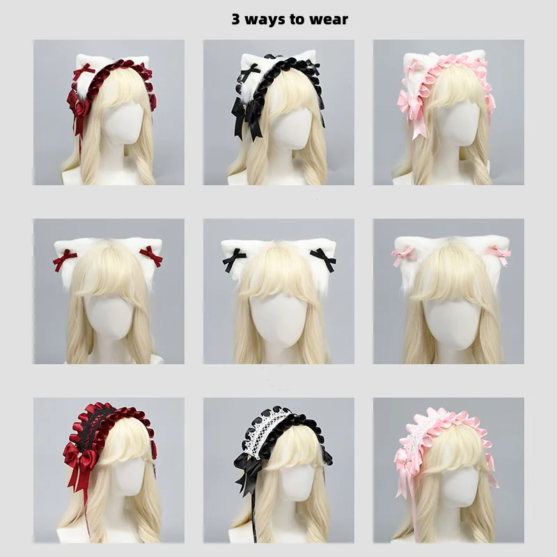 Diadema con lazo para disfraz de Lolita, accesorio para el cabello hecho a mano, con orejas de gato, multiusos