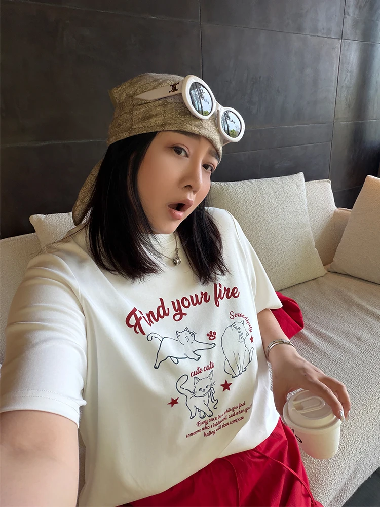 

Dynamic Cartoon Contrast Color Letter Print T-Shirt plus Size Women's Casual Style round Neck Short Sleeve Top