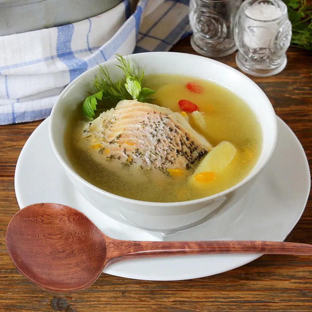Ergonomic Japanese Style Wooden Soup Ladle for Ramen Soup Porridge Congee Dumplings Noodles Asian Kitchen Table Serving Spoon