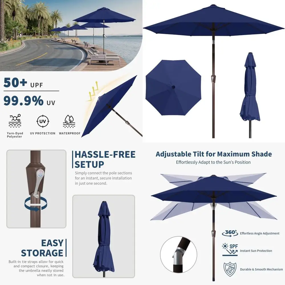 

Navy Blue 9FT Patio Umbrella with Crank & Tilt, UV-Resistant Fiberglass Ribs, Waterproof for Outdoor Spaces