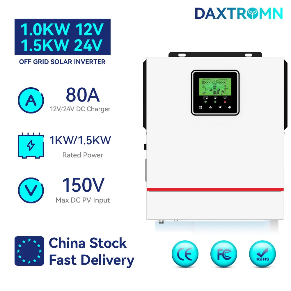 DAXTROMN 1KW 1.5KW Hybrid Inverter 12V 220V Pure Sine Wave Hybrid Solar inverter 24V Build in 80A MPPT Solar Charge Controller