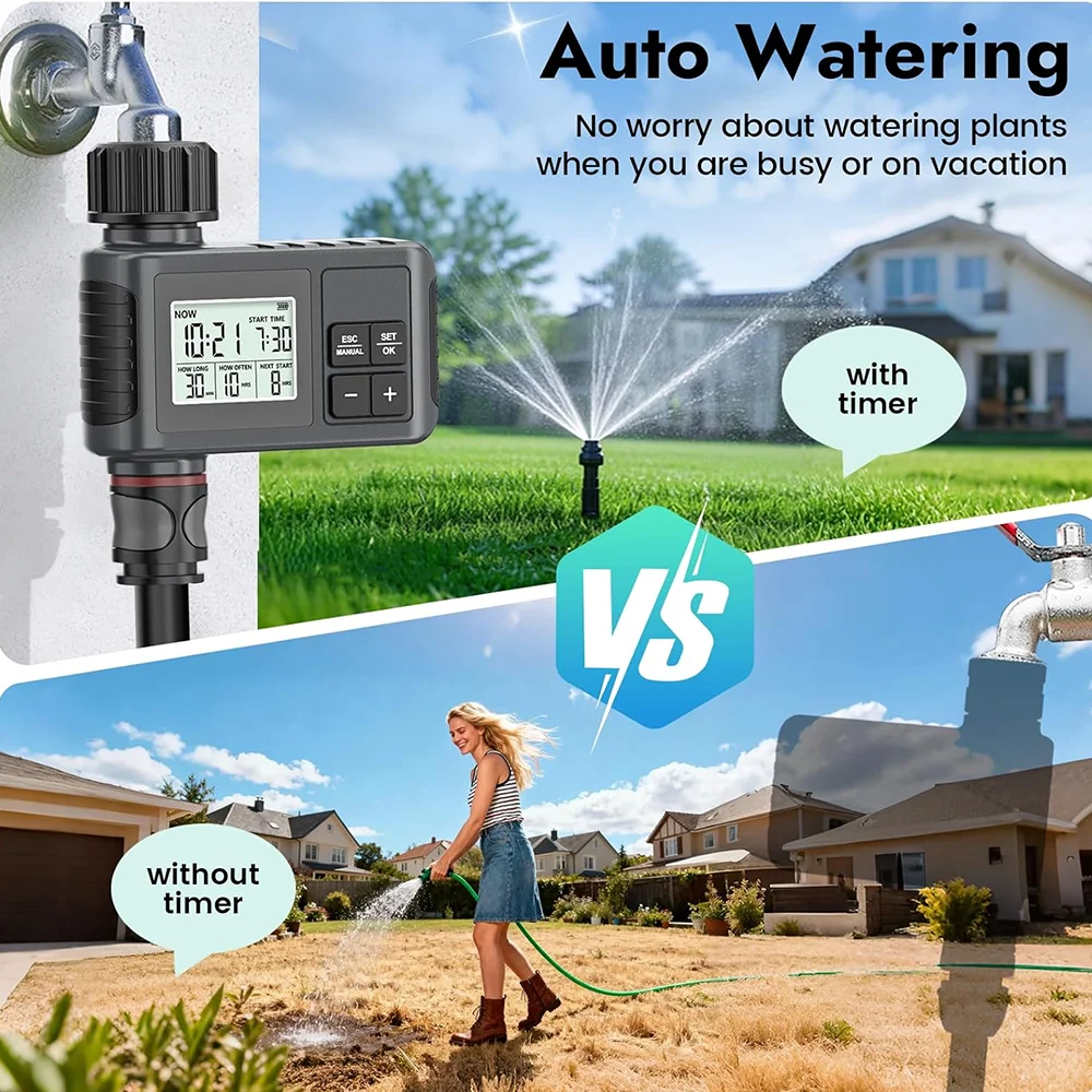Programmable Hose Timer Sprinkler Water Drip Irrigation System Rain Delay Manual Watering PX5 Large Screen Display