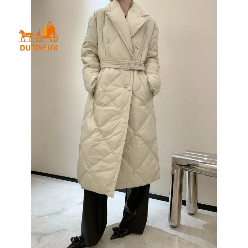 2024 Winter New Style Women\'s Down Jacket Elegant Long Belt Lapel Down Jacket Warm Windproof Loose Coat Down Jacket Women